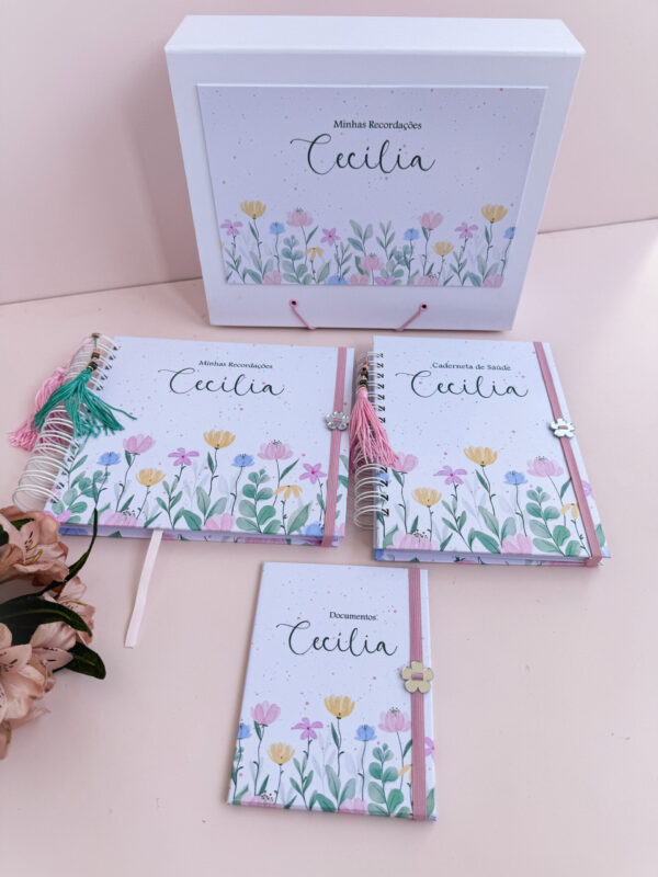 Combo Caixa + Livro do Bebê + Caderneta  Floral Cecília