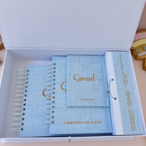 Combo Maternidade Afetiva – Linho azul Claro com Dourado
